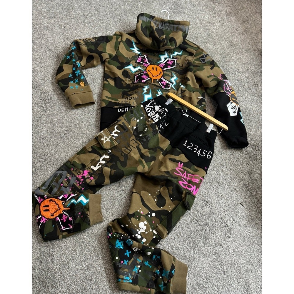 Smoke Rise Mens Camouflage Graffiti Sweatsuit Set Hoodie Cargo Pants Large